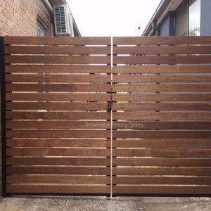 Aluminium Fencing Sydney Merbau slats double swinging gate with powder coated frame