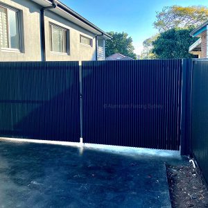 Aluminium Fencing Sydney 3D 45 degree angle vertical slat double swinging gates